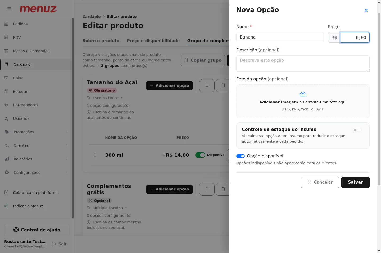 Cadastro da opção de complemento grátis do Açaí no Menuz