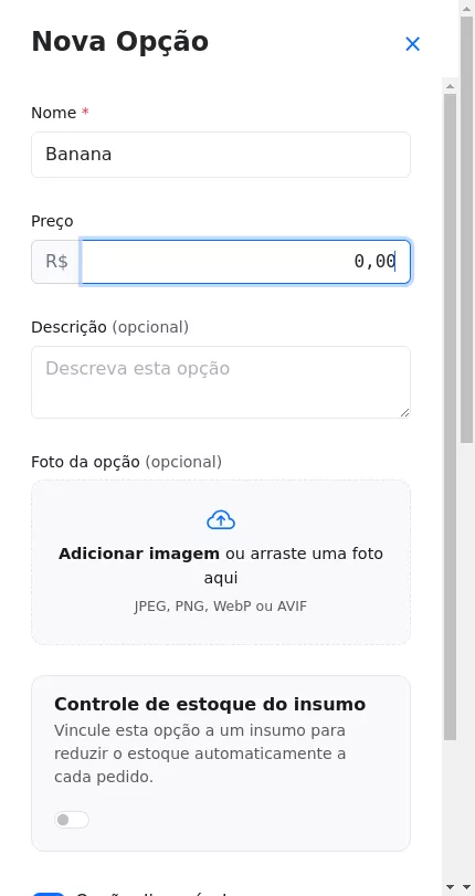 Cadastro da opção de complemento grátis do Açaí no Menuz