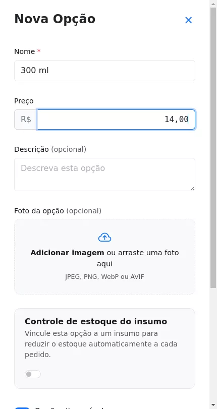 Cadastro da opção de tamanho do Açaí no Menuz