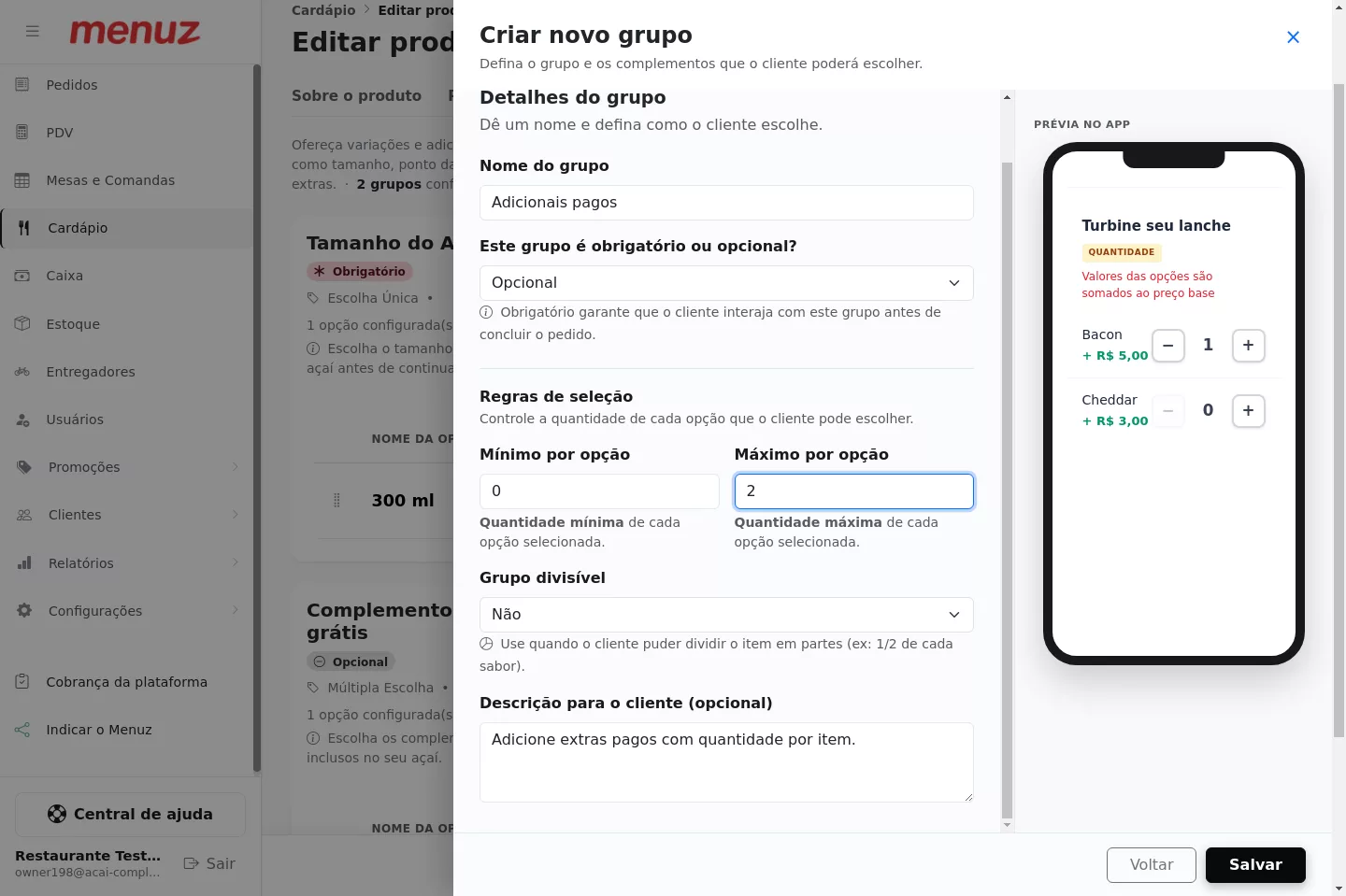 Configuração do grupo de adicionais pagos do Açaí no Menuz