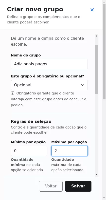 Configuração do grupo de adicionais pagos do Açaí no Menuz