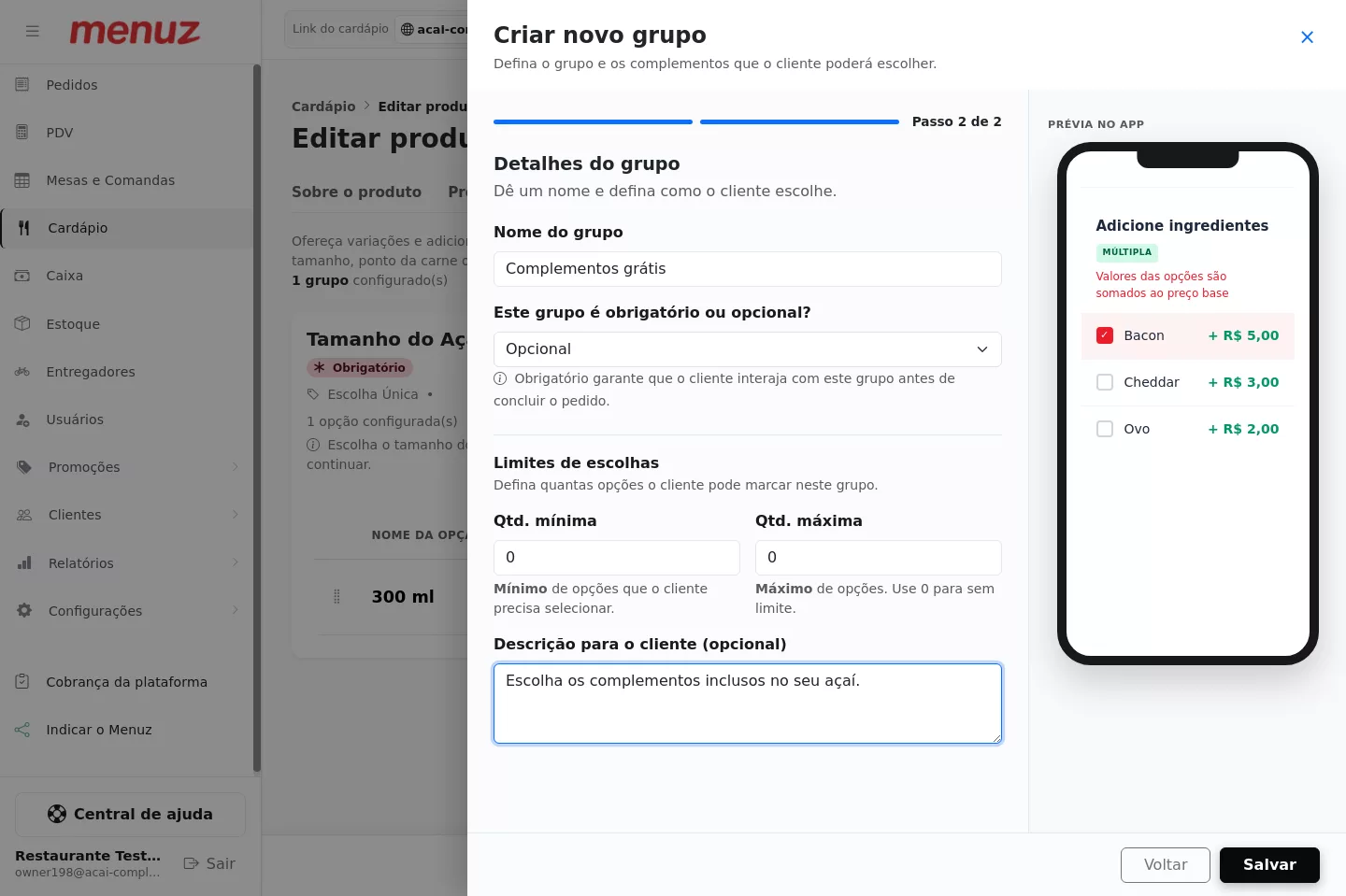 Configuração do grupo de complementos grátis do Açaí no Menuz