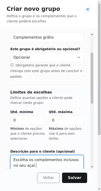 Configuração do grupo de complementos grátis do Açaí no Menuz