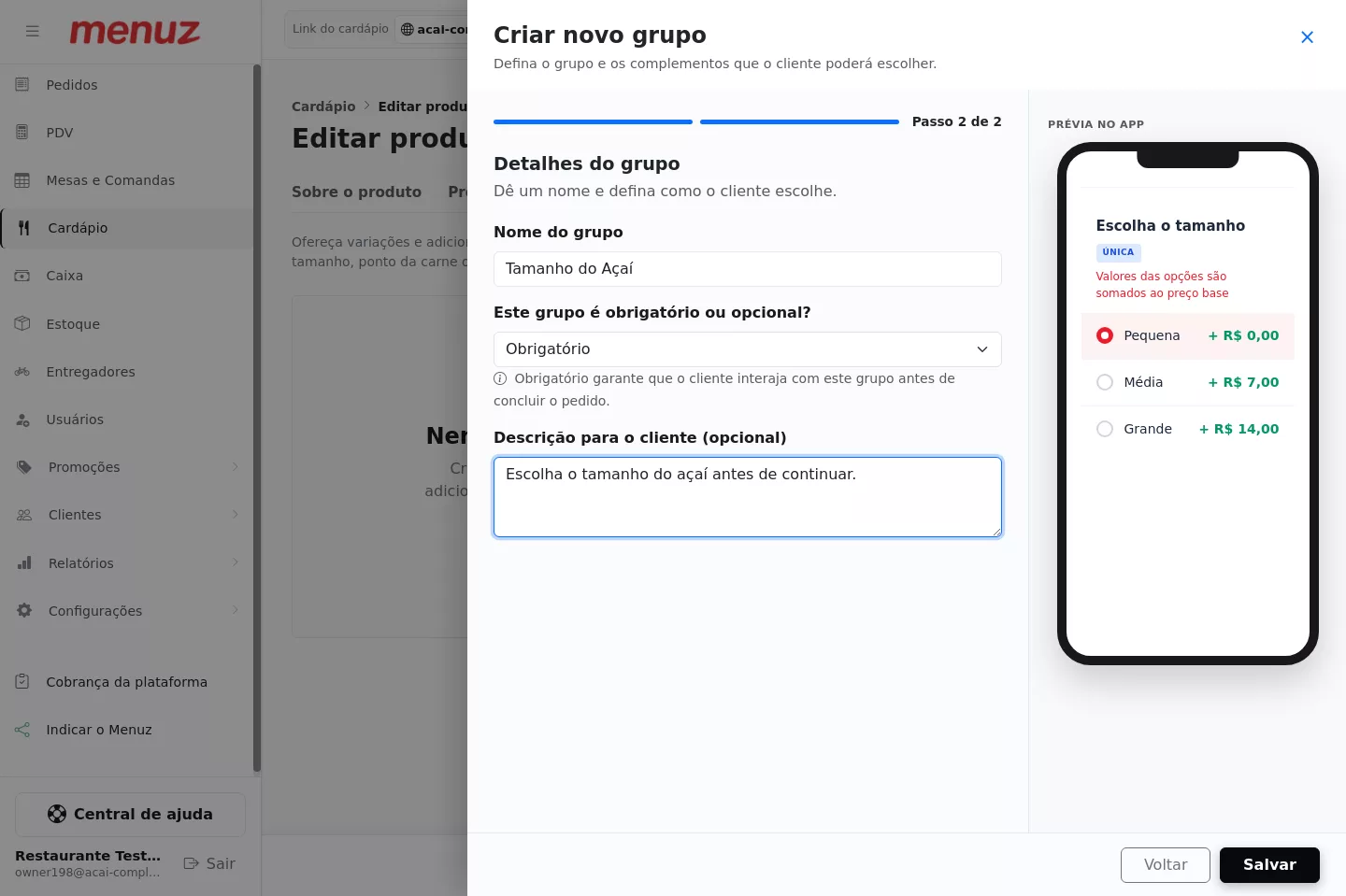 Configuração do grupo de tamanho do Açaí no Menuz