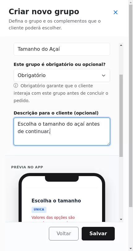 Configuração do grupo de tamanho do Açaí no Menuz