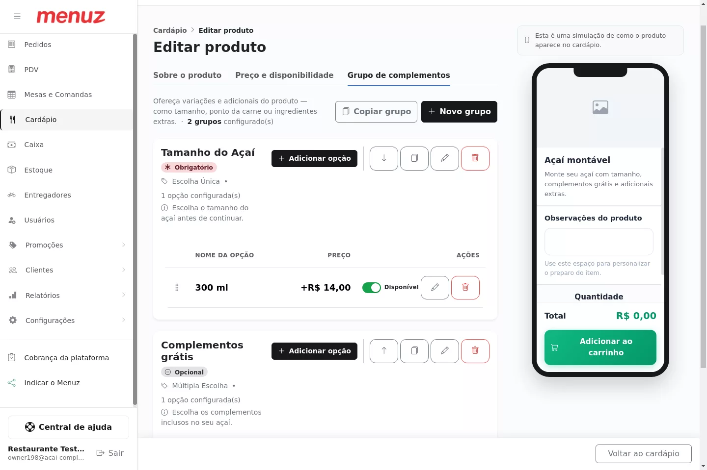 Grupo de complementos grátis com a primeira opção criada no Menuz