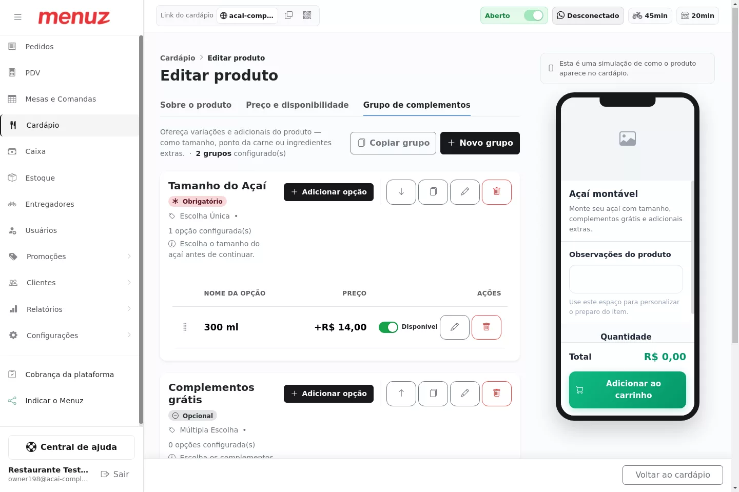 Grupo de complementos grátis já criado no Menuz