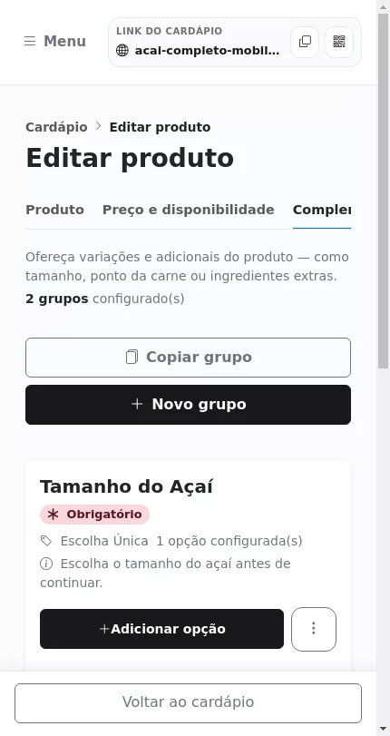 Grupo de complementos grátis já criado no Menuz