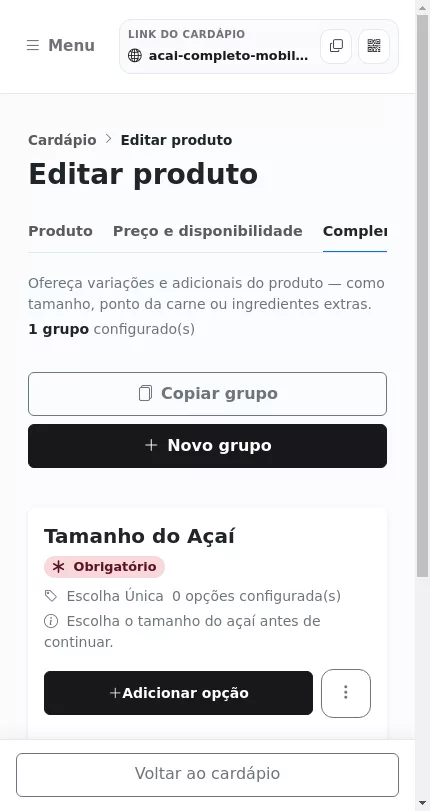 Grupo de tamanho do Açaí já criado no Menuz