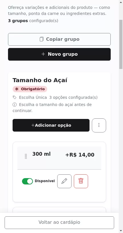 Grupos do Açaí configurados no Menuz