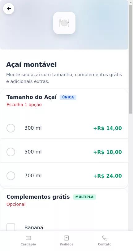 Montagem do Açaí no cardápio digital do Menuz