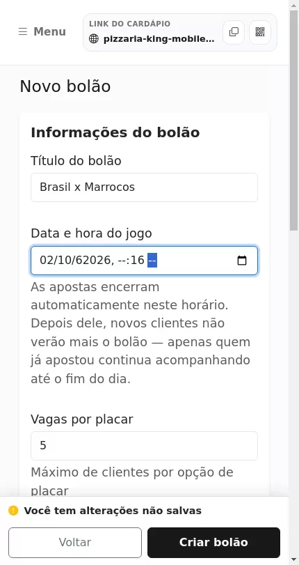 Formulário de criação do bolão