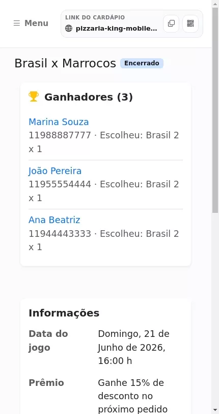 Lista de ganhadores no painel