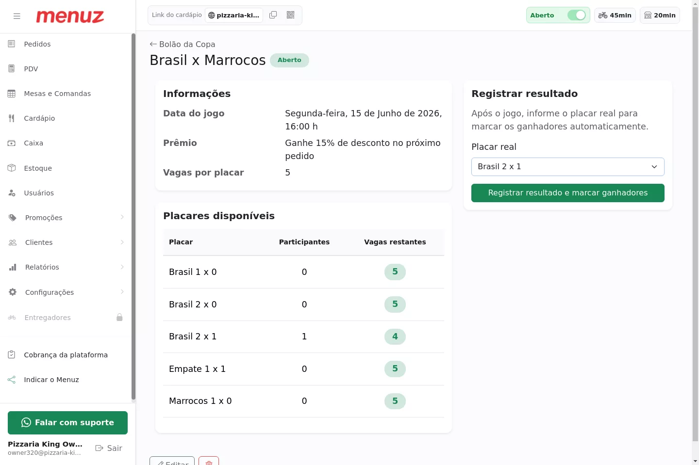 Registro do resultado no painel