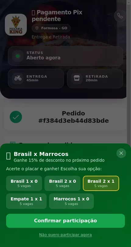Cliente escolhe o placar após o pedido