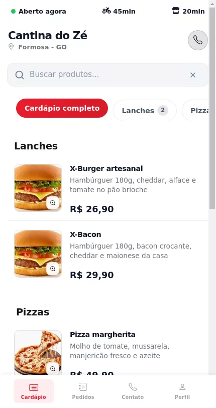 Cardápio digital visto pelo cliente