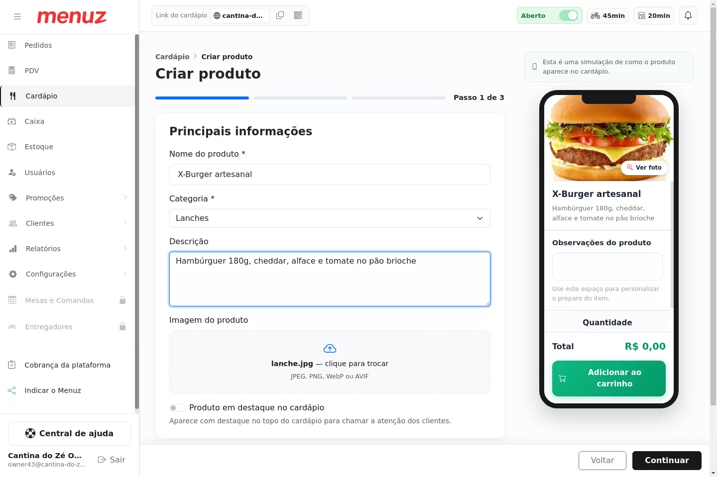 Cadastro de um produto no cardápio