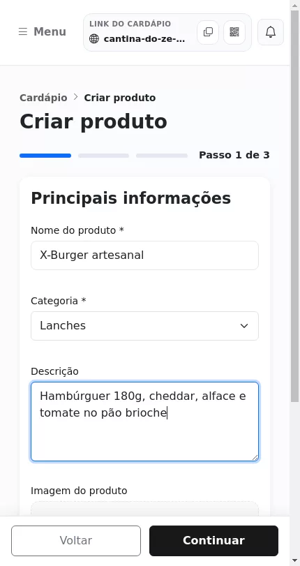 Cadastro de um produto no cardápio