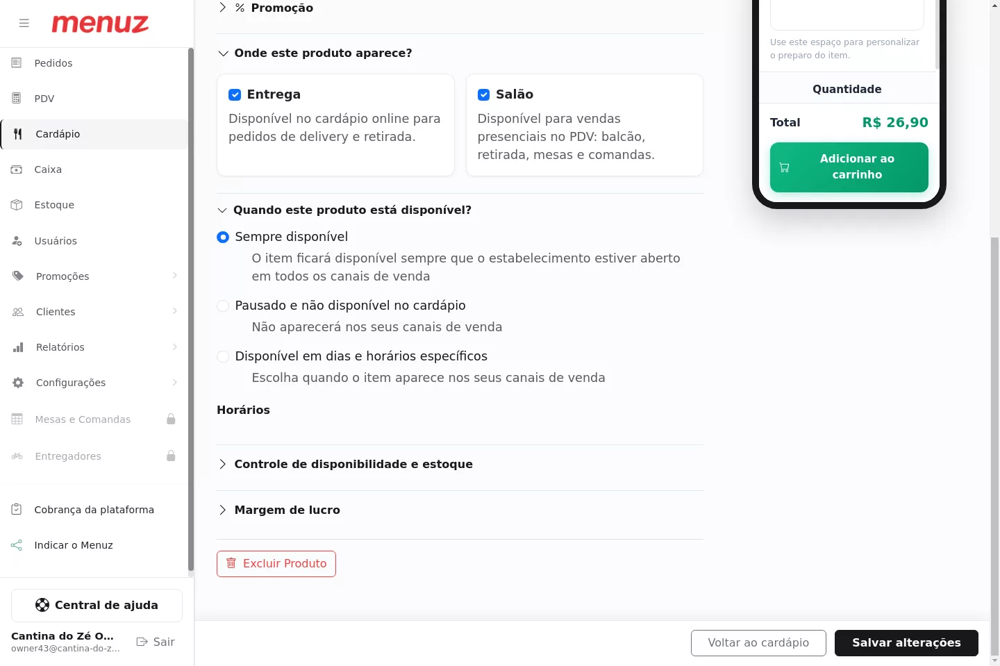 Disponibilidade e canais do produto