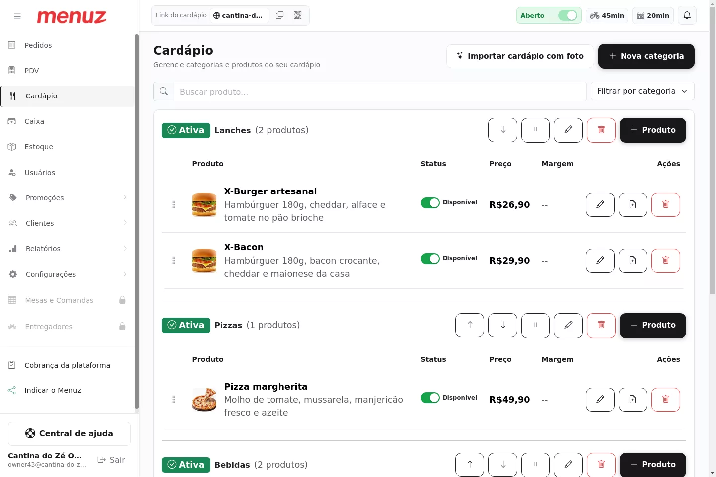 Tela de gerenciamento do cardápio