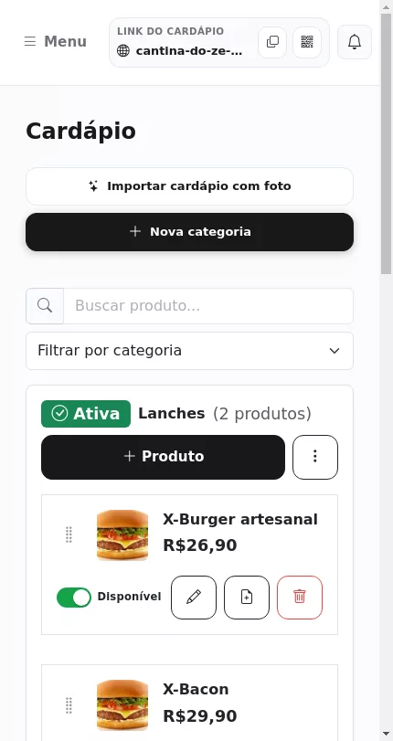 Tela de gerenciamento do cardápio