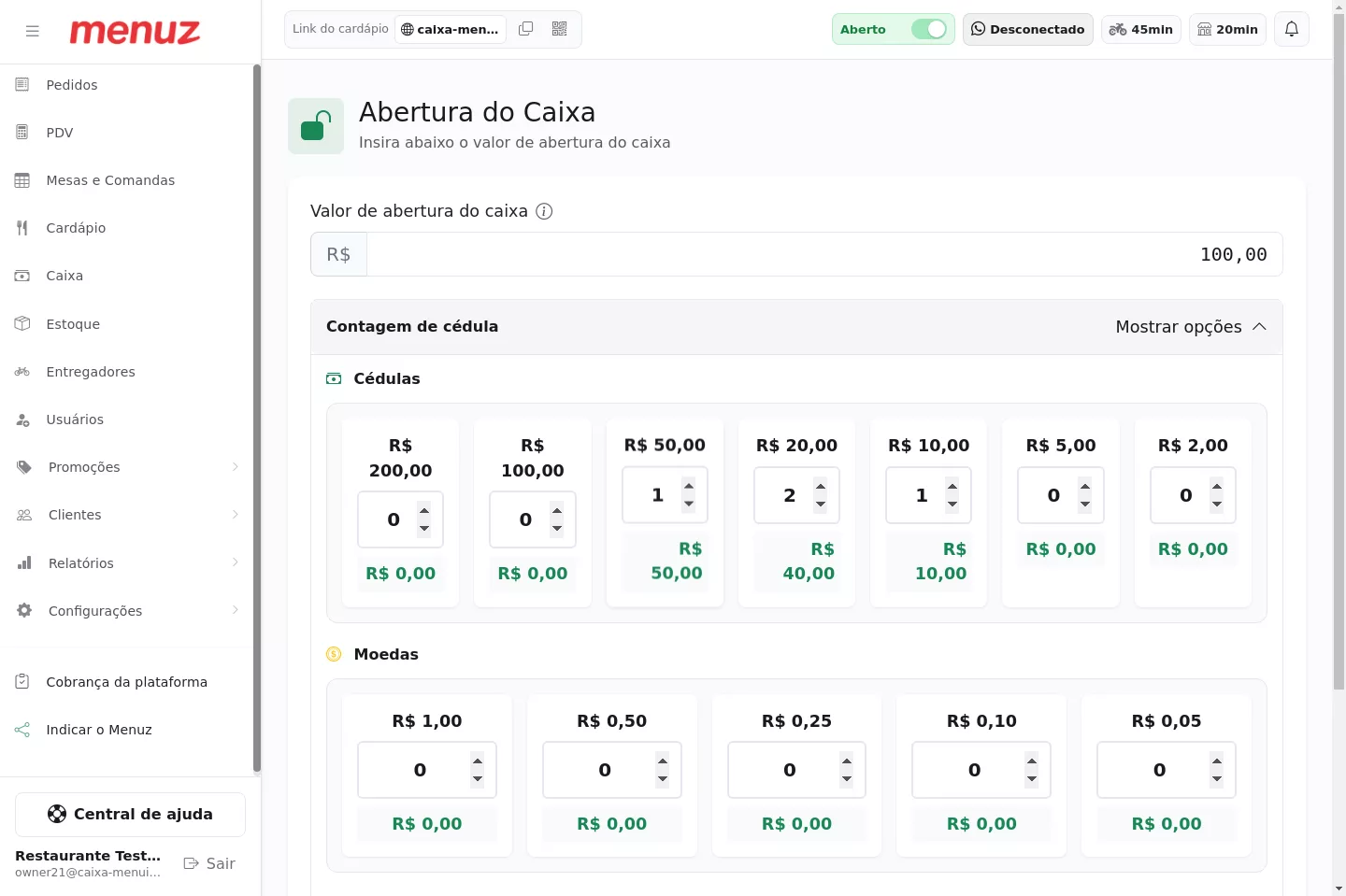 Tela de abertura do caixa no Menuz