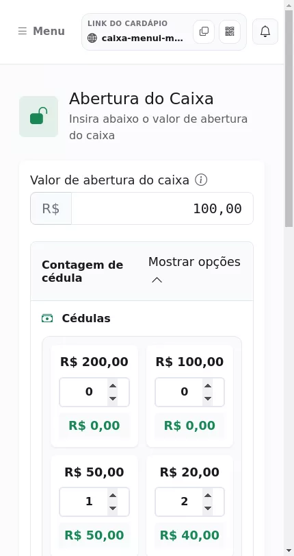 Tela de abertura do caixa no Menuz