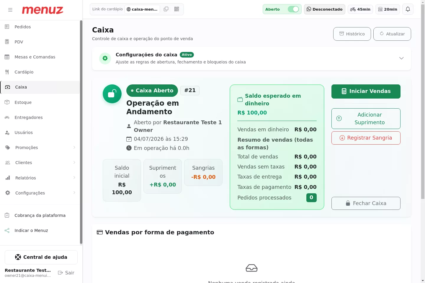Painel do caixa aberto no Menuz
