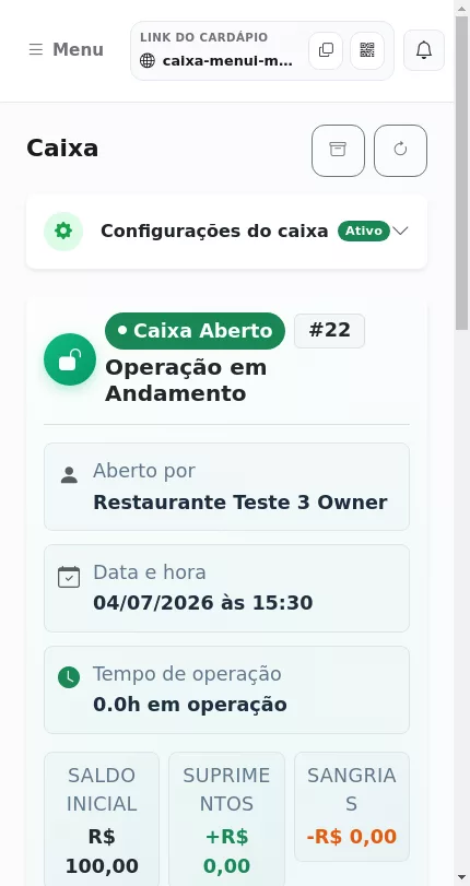Painel do caixa aberto no Menuz