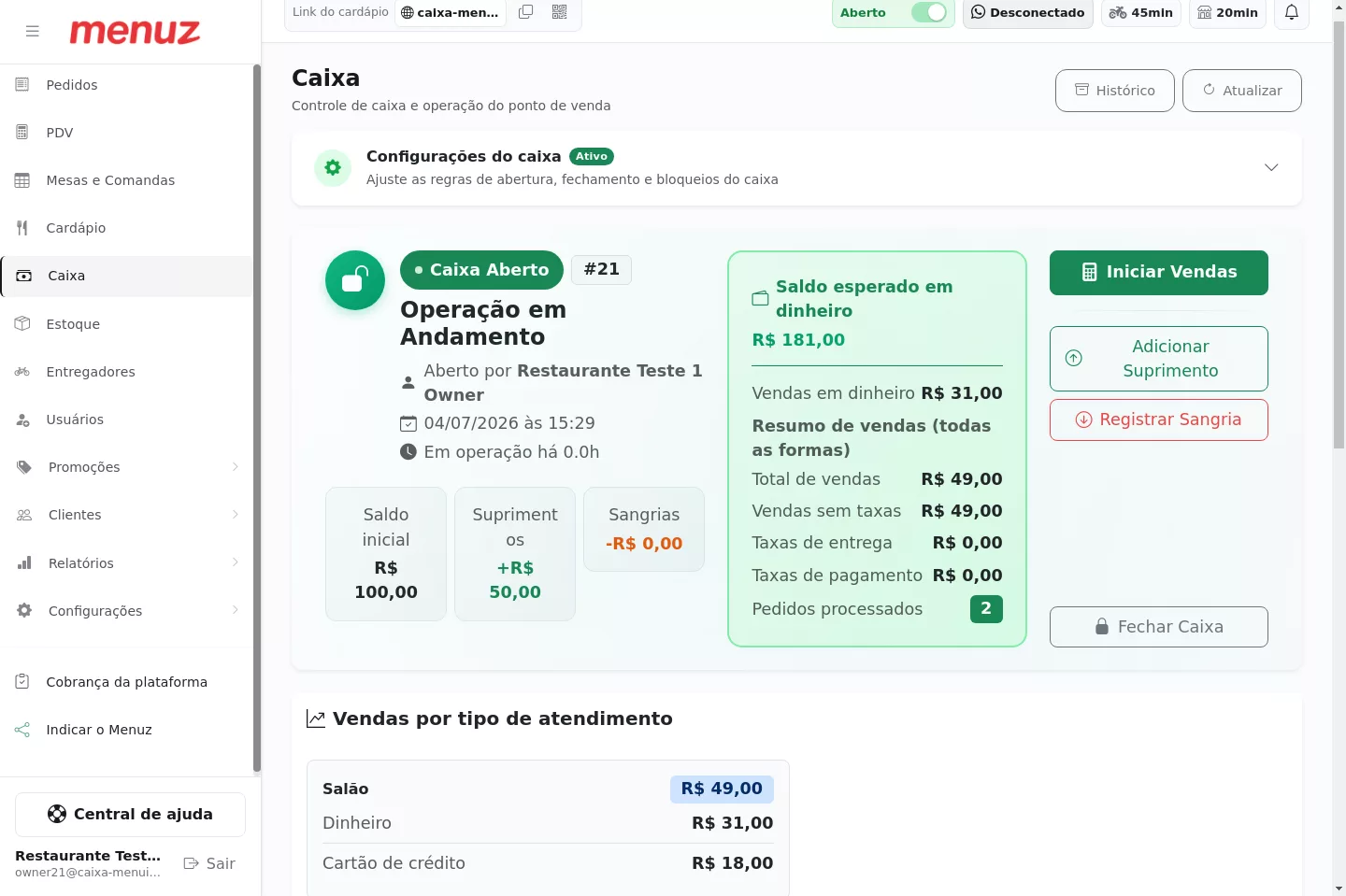 Resumo financeiro do caixa no Menuz