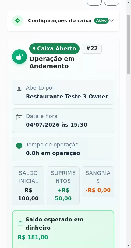 Resumo financeiro do caixa no Menuz
