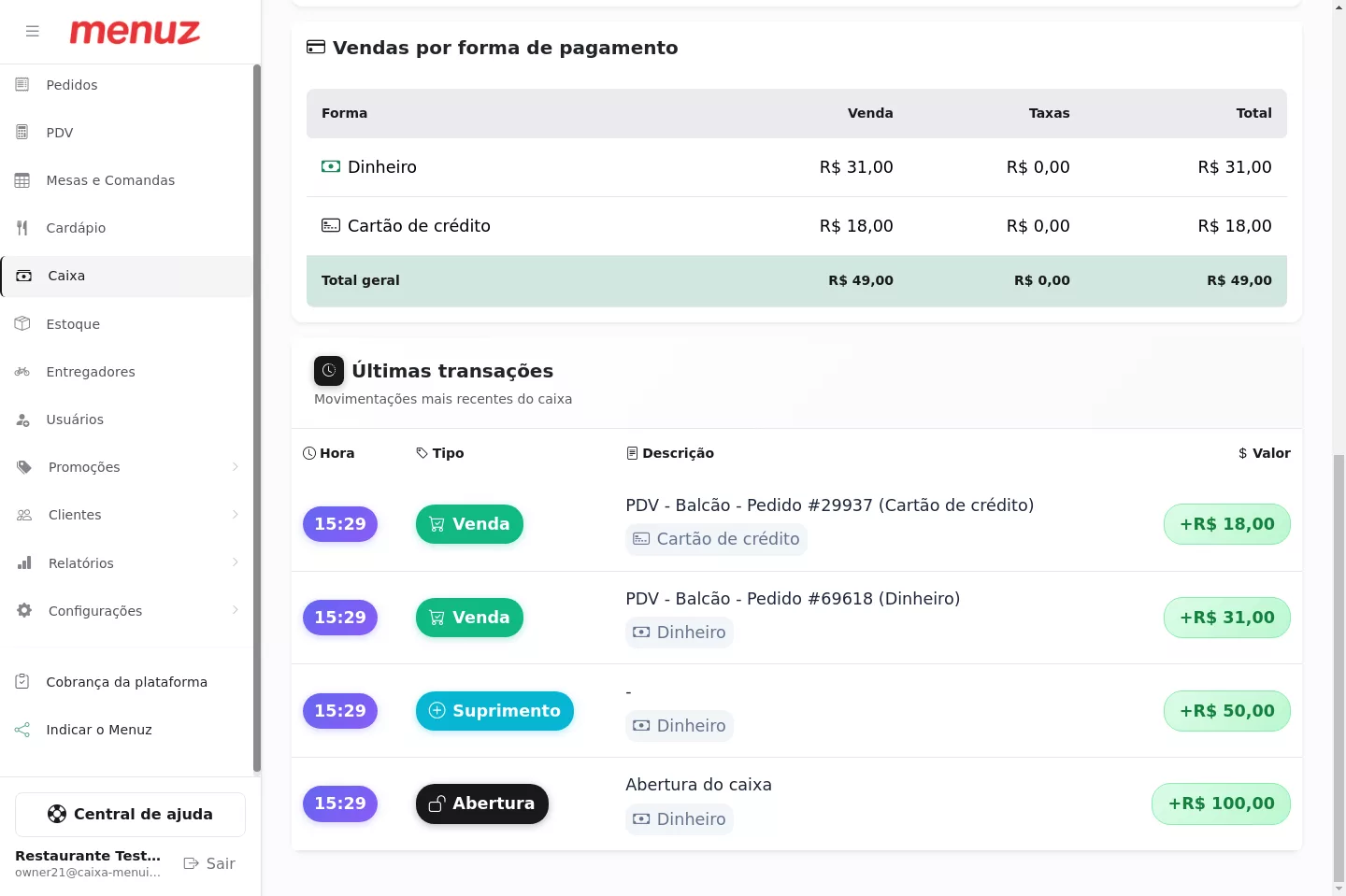 Últimas transações do caixa no Menuz