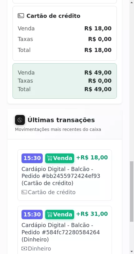 Últimas transações do caixa no Menuz