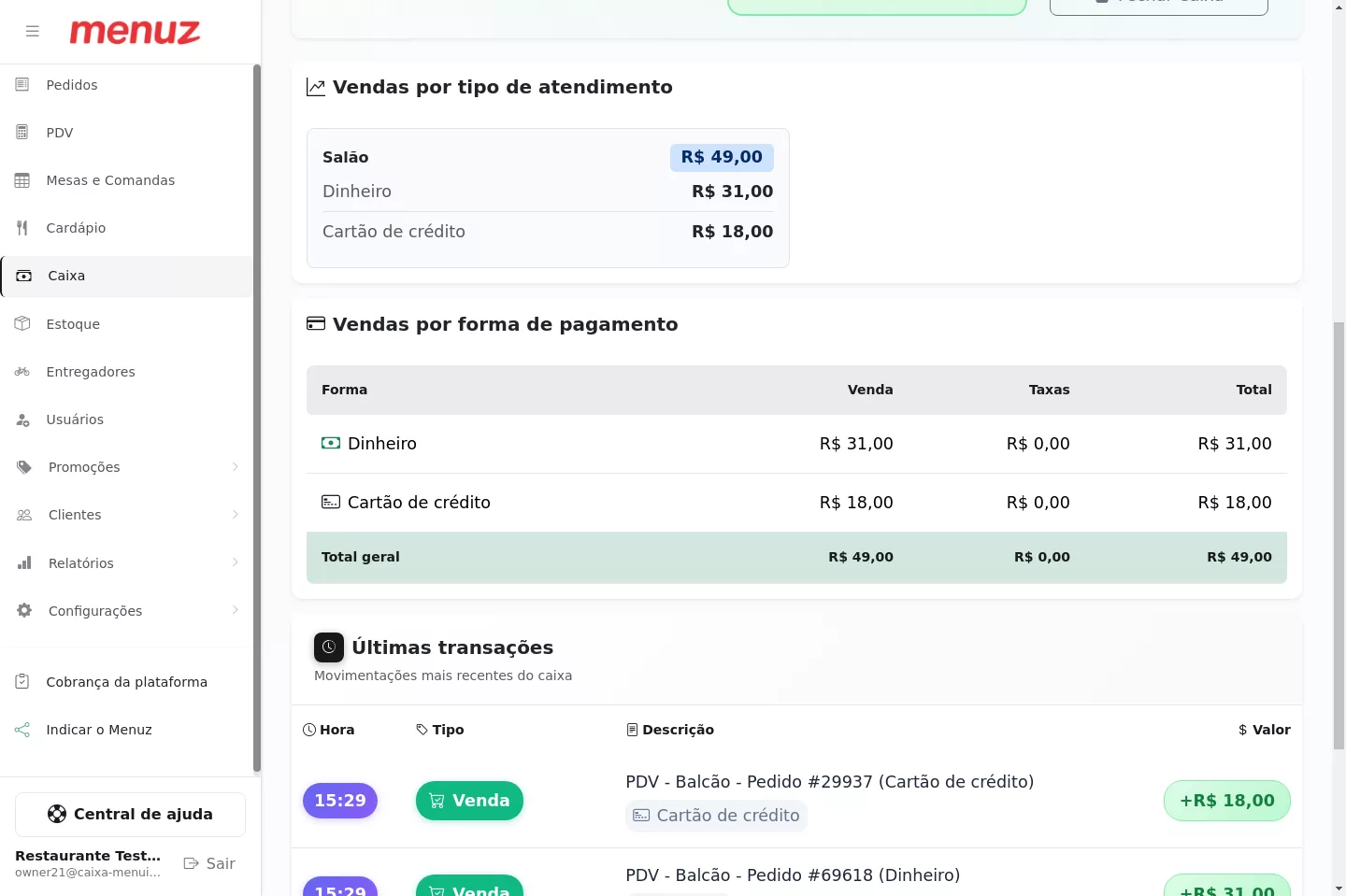 Vendas por forma de pagamento no caixa do Menuz