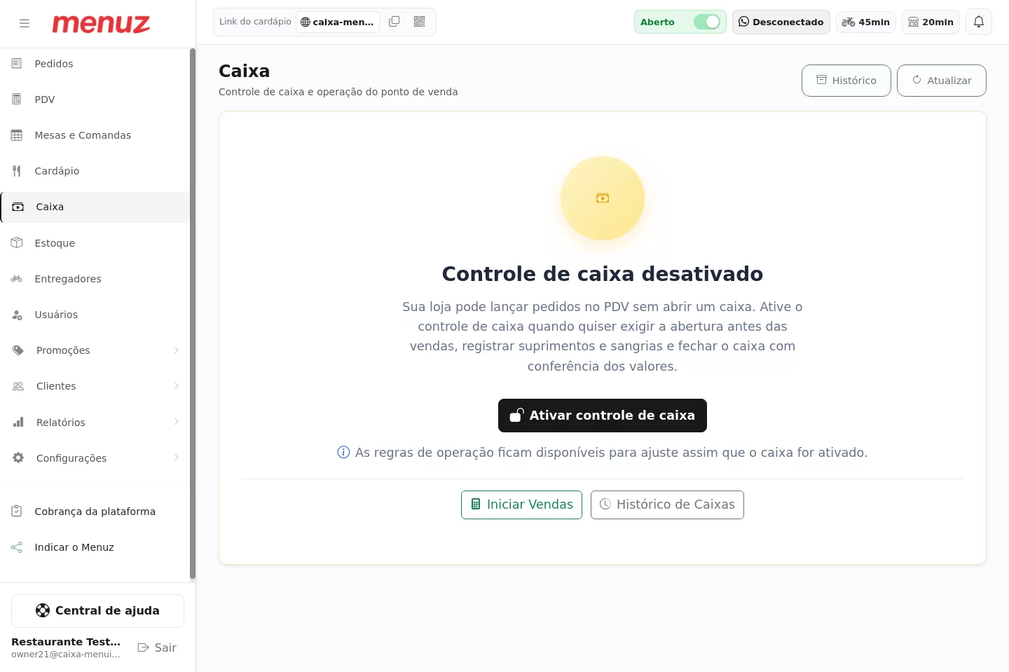 Tela de ativação do controle de caixa no Menuz