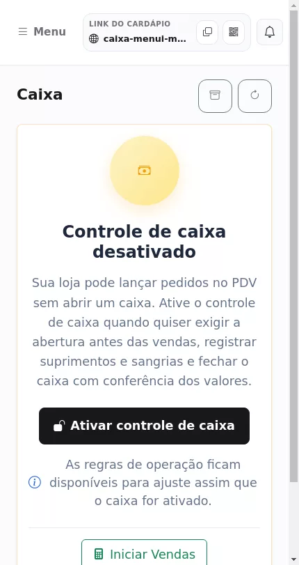 Tela de ativação do controle de caixa no Menuz