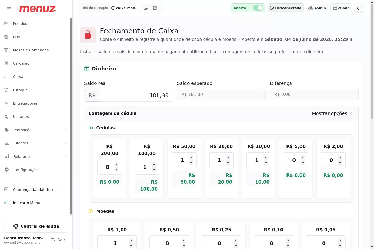 Tela de fechamento do caixa no Menuz