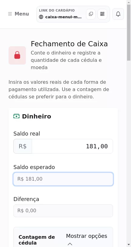 Tela de fechamento do caixa no Menuz