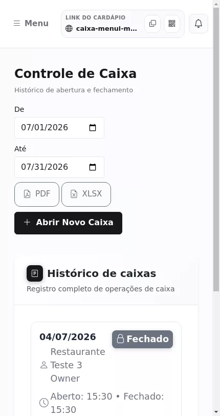 Histórico de caixas no Menuz