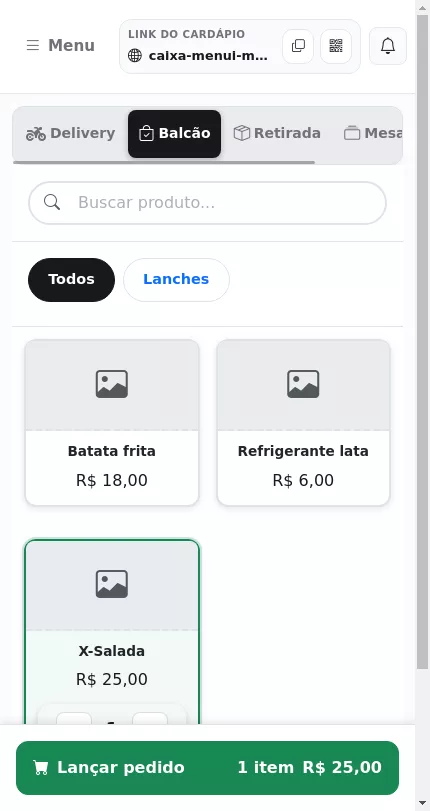 Lançamento de pedido no PDV do Menuz