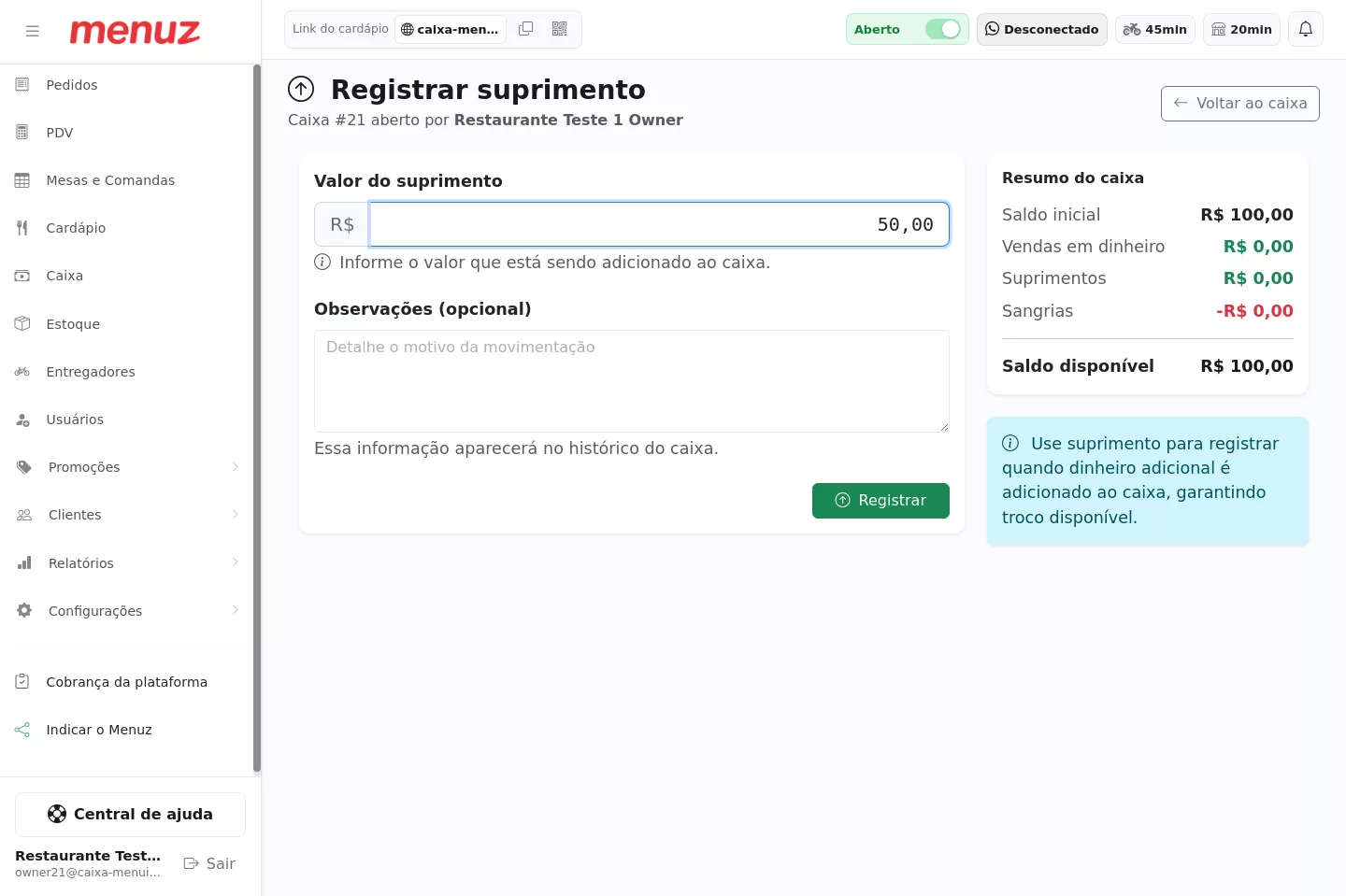 Registro de suprimento no caixa do Menuz