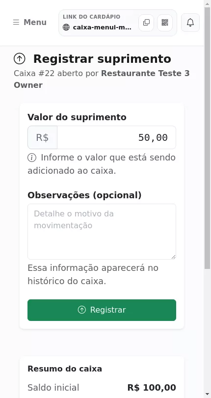 Registro de suprimento no caixa do Menuz