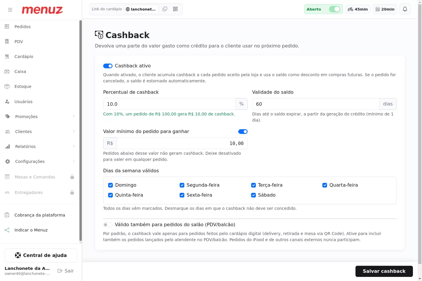 Tela de configuração do cashback