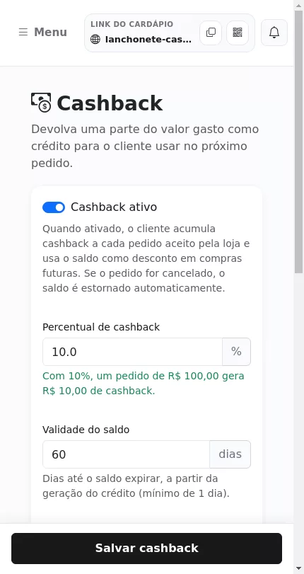 Tela de configuração do cashback