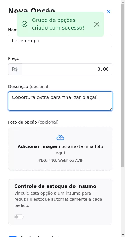 Cadastro de adicional dentro do grupo do Açaí no Menuz