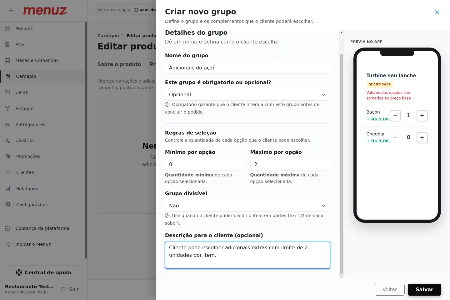 Detalhes do grupo de adicionais do Açaí no Menuz