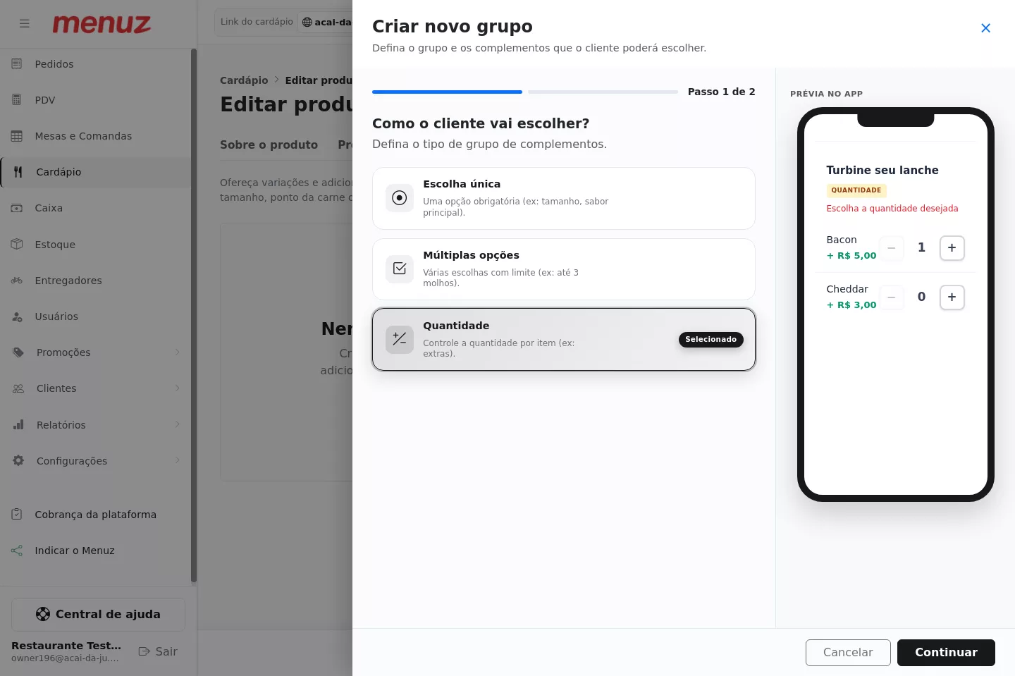 Primeira etapa do modal de grupo de complementos do Açaí no Menuz