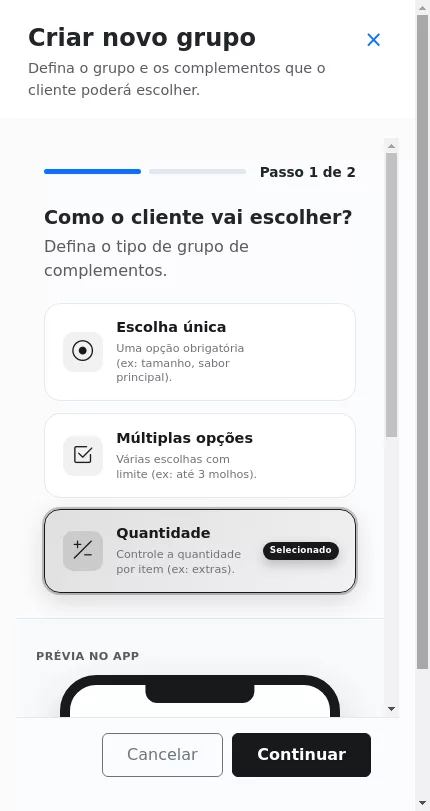 Primeira etapa do modal de grupo de complementos do Açaí no Menuz
