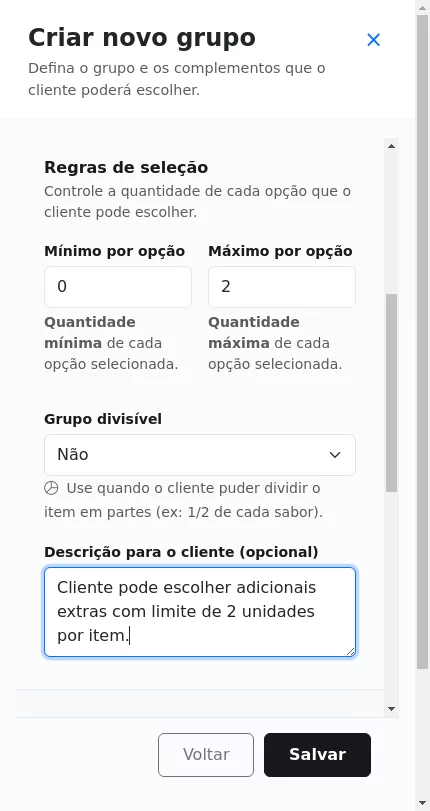 Detalhes do grupo de adicionais do Açaí no Menuz
