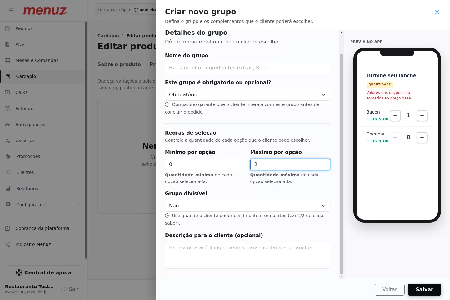 Regras de seleção do grupo de adicionais do Açaí no Menuz